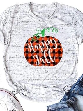 Gray Short-Sleeve Tee with Plaid Pumpkin Graphic - Thankful and Blessed size L